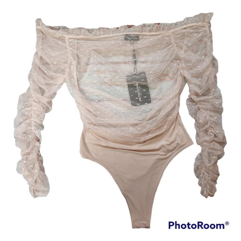 Pretty little thing Pink Dobby mesh bardot long sleeve bodysuit sz 12 NWT